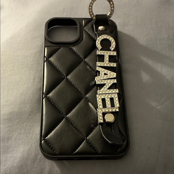 CHANEL Black Quilted Phone Case with Rhinestone Logo